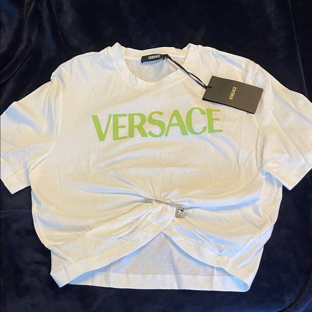 Versace White Crop Tee with Lime Green Logo - Picture 2 of 6